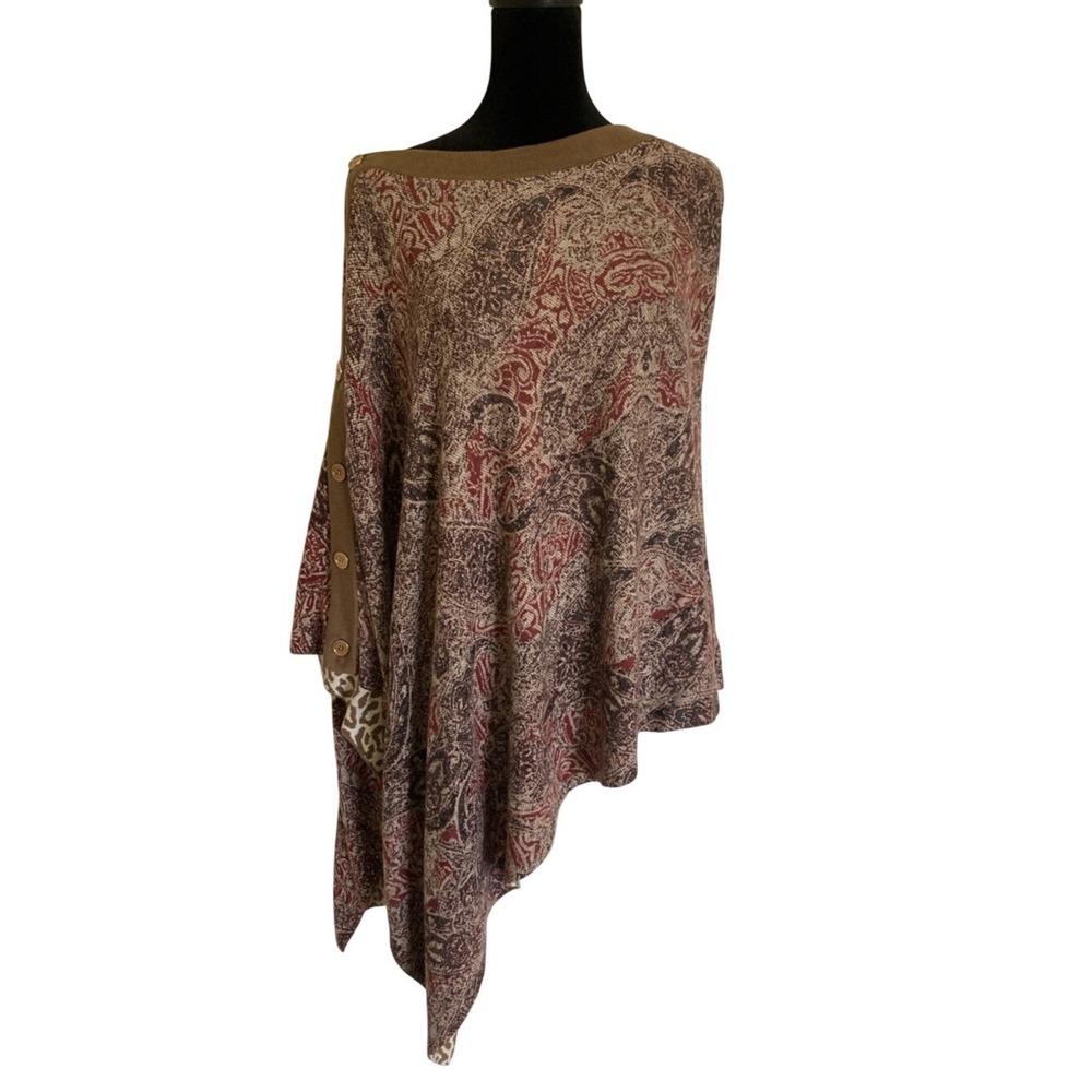 New Chicos Womens Reversible Poncho Size OS Paisly Cheetah Boho Classic